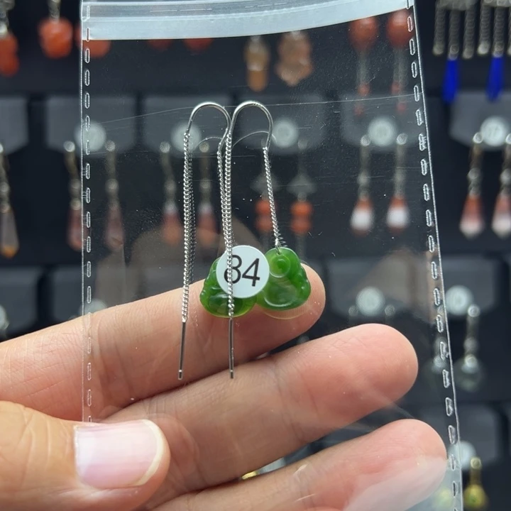 平***扣和田玉（碧玉）银S925镶嵌耳饰