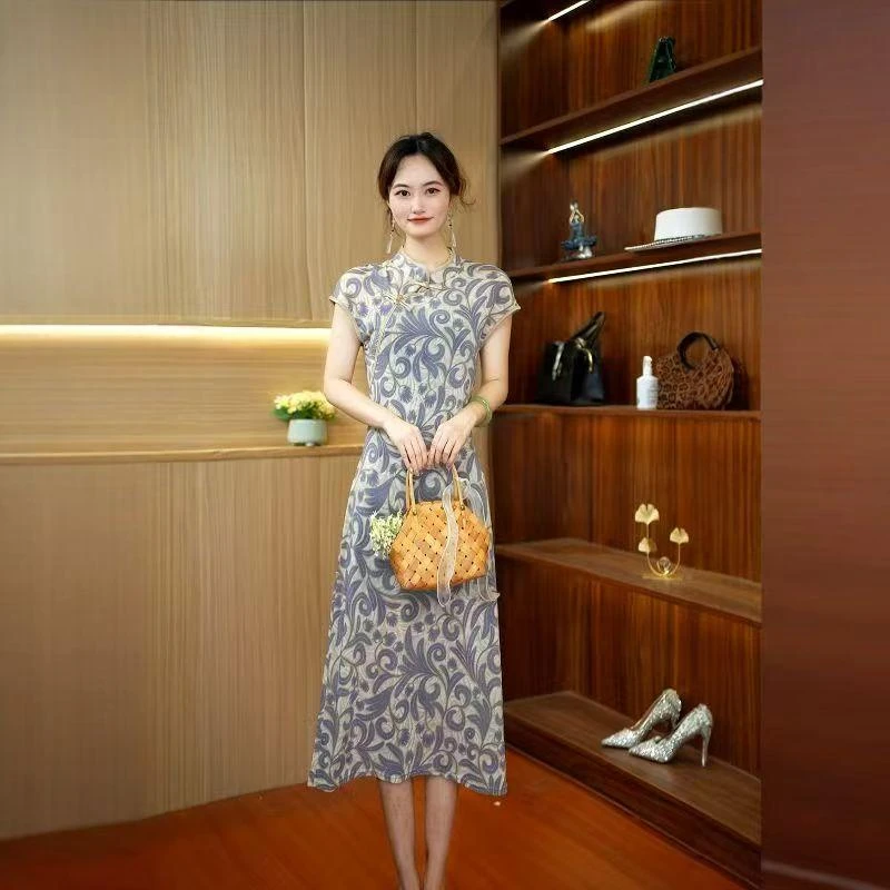 A-227夏季新款斜门襟弹力中式旗袍连衣裙时尚减龄显瘦洋气裙子