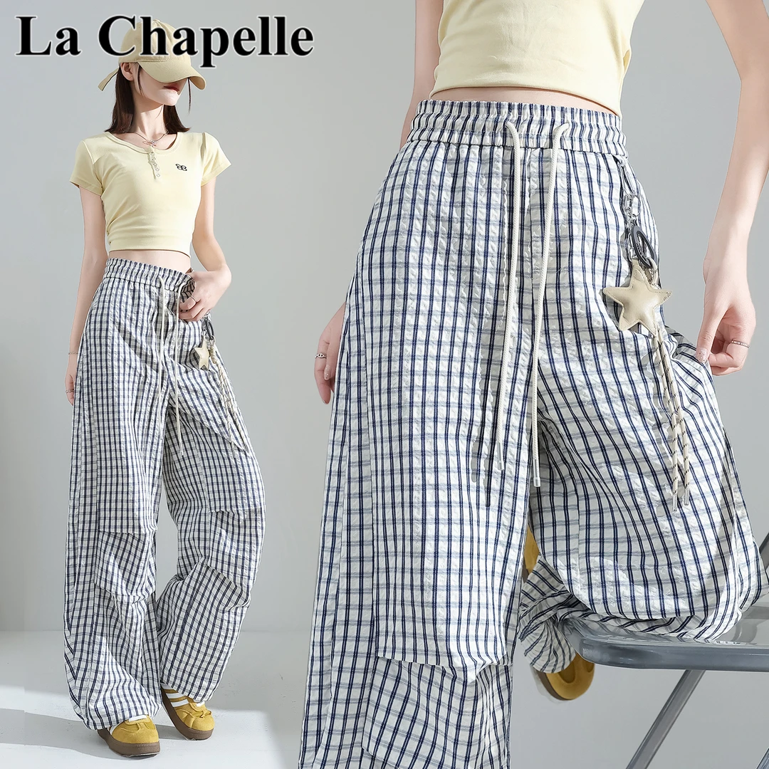 拉夏贝尔星星挂饰格子弯刀休闲裤女2025夏季潮牌宽松垂感慵懒长裤