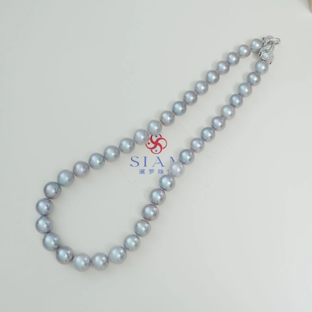 【暹罗珠宝】天然特选“铂金灰”豹子款全珠链珍珠项链12-15mm 884005