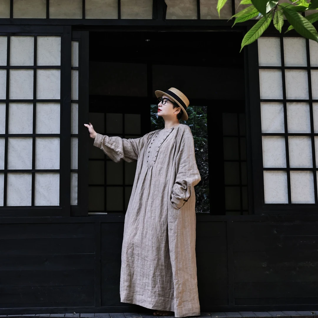 禾记年/原创【秋絮】文艺条纹个性时尚气质大码格子休闲连衣裙宽松