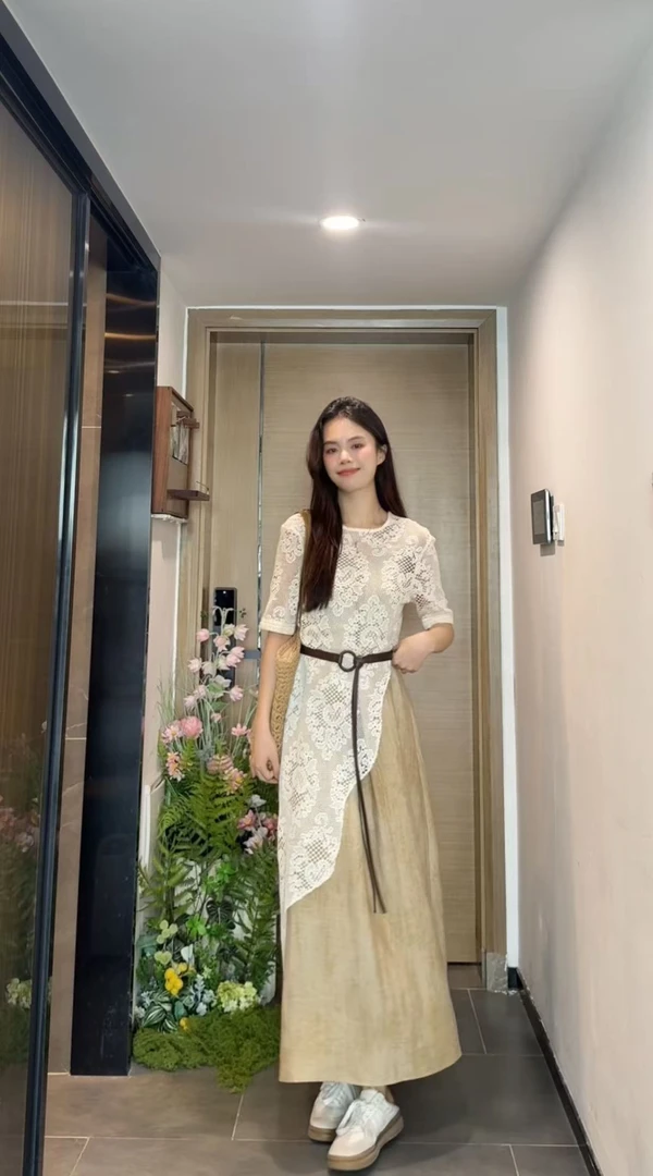 AN.XIN【兰亭集序】盐系轻熟风套装 蕾丝罩衫+吊带裙两件套1572