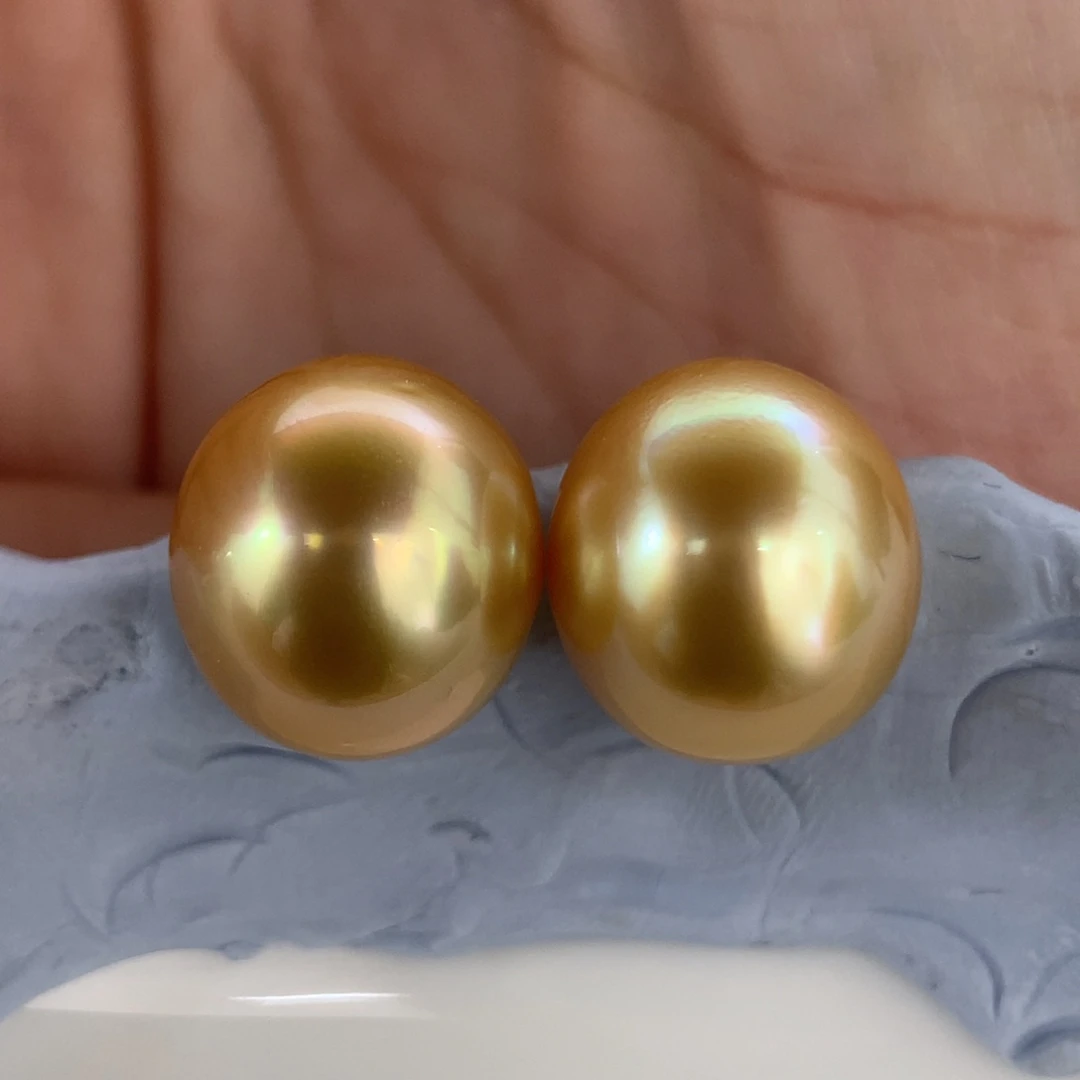 定制海水珍珠未镶嵌裸珠南洋金珠浓茶金色12.4mm一对