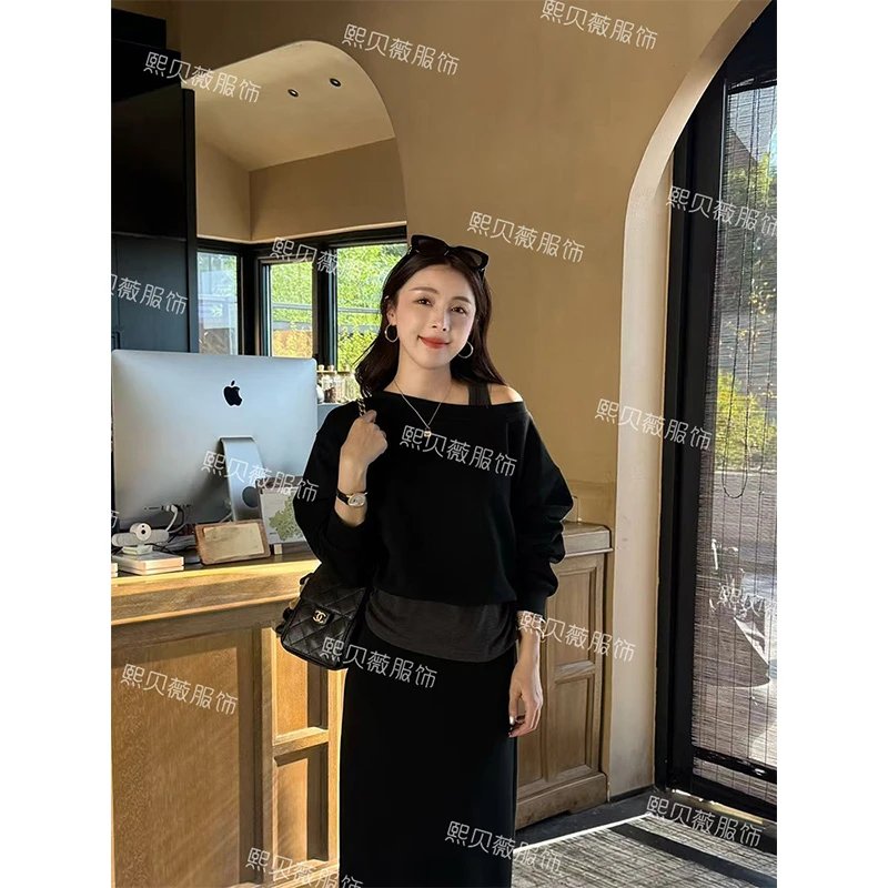 熙贝薇 【慵懒公式】欧货假两件漏肩卫衣简约显瘦半裙套装 G5165