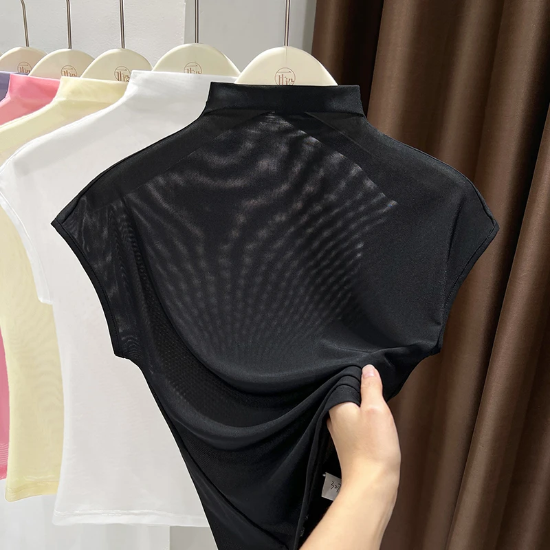 高级感气质无袖T恤女半高领网纱修身薄款上衣镂空透视显瘦小衫女