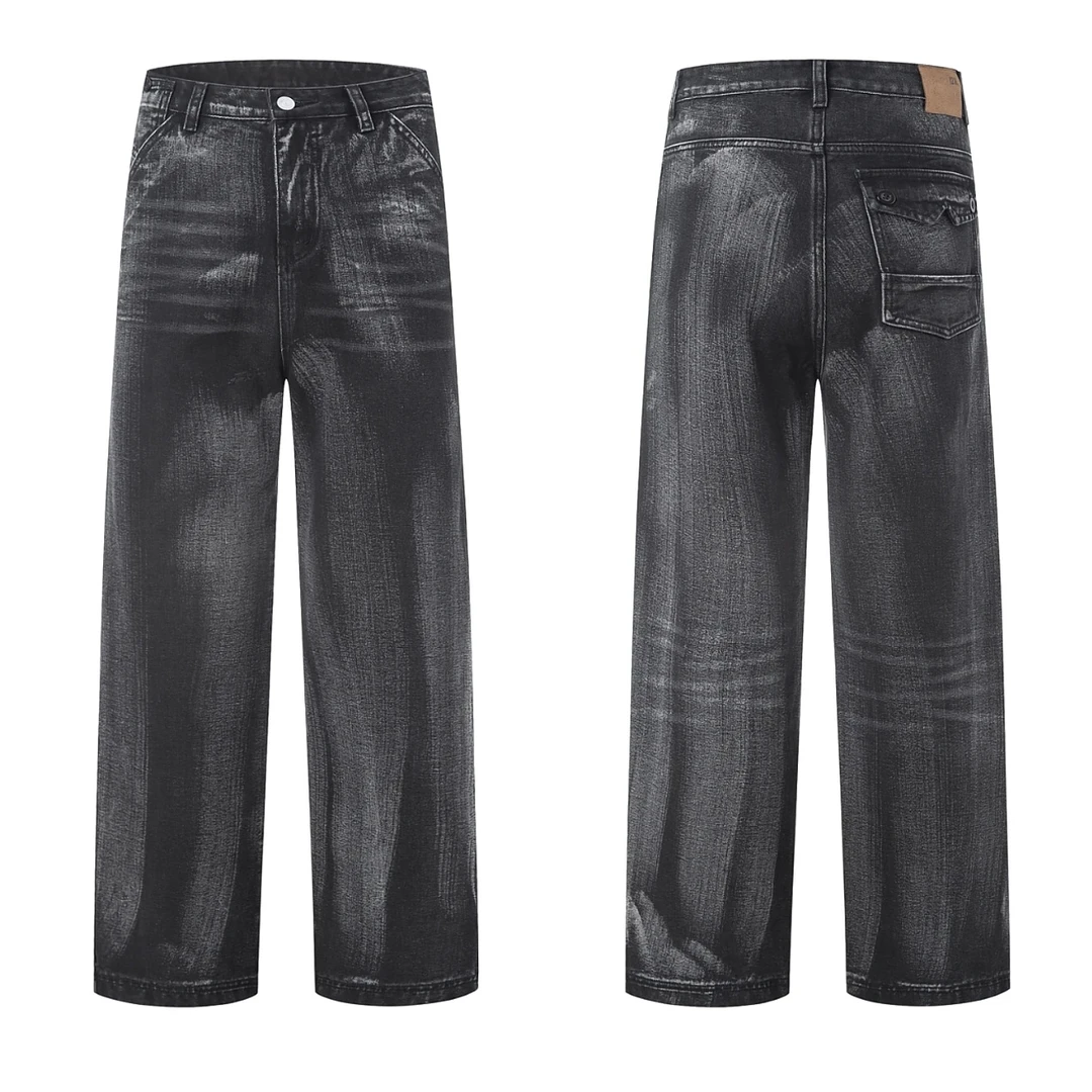 重磅水洗牛仔裤宽松直筒休闲男女设计感阔腿牛仔裤-1211