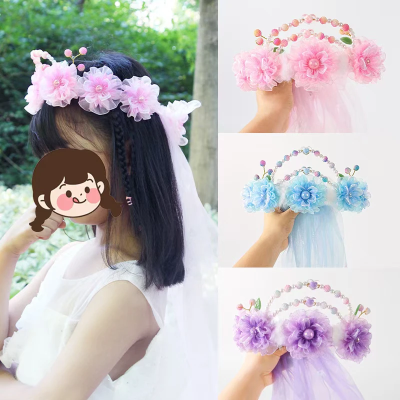 珍珠花朵发箍女孩公主编发头箍宝宝超仙花童头饰女童表演发饰