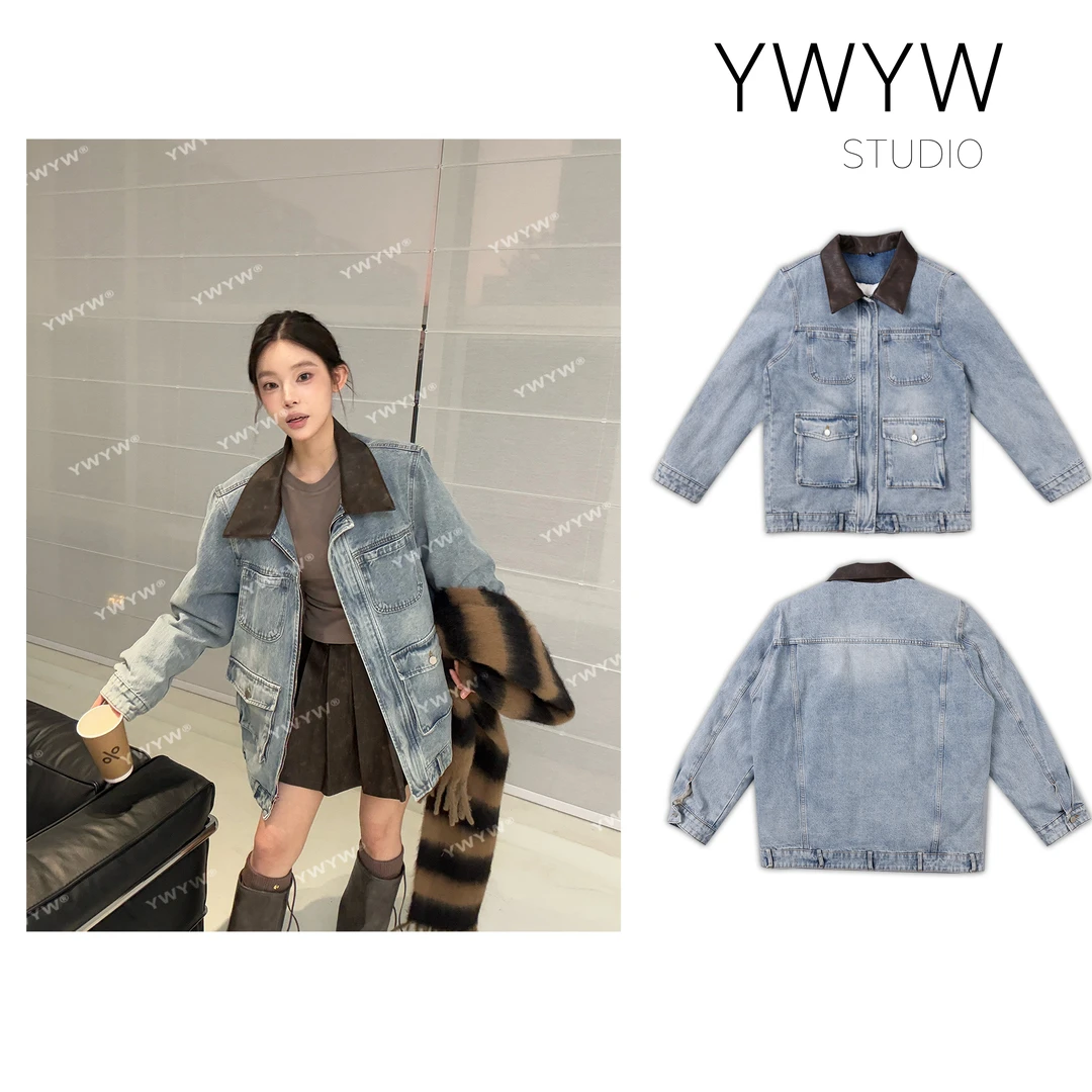 【福利款NO退换】早春保暖夹绒百搭复古水洗PU翻领牛仔外套3521