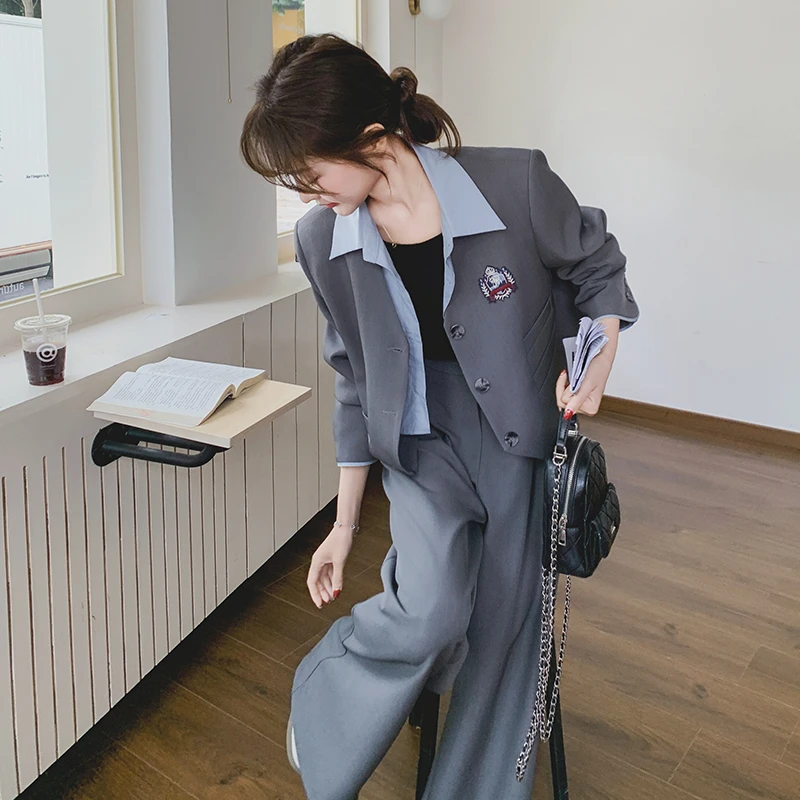 2025春季韩版学院徽章撞色西装套装时尚西装阔腿长裤百搭两件套