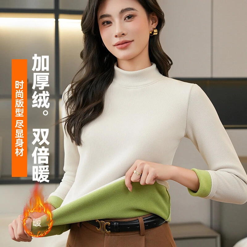 【新店福利】加绒加厚打底衫秋冬季女士半中高领保暖厚上衣修身百搭