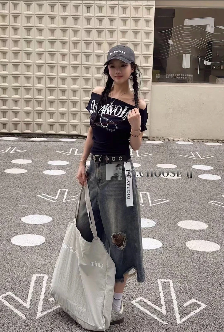 705一字肩短袖印花辣妹风T恤