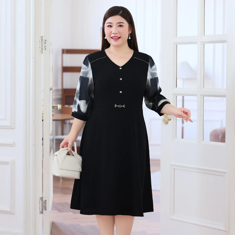 知性大码女装打底裙遮肚子连衣裙新款春夏气质收腰中长款裙子