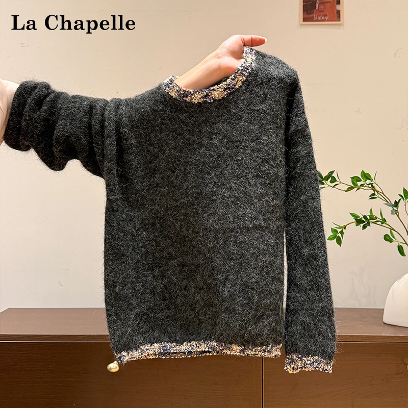 拉夏贝尔慵懒风深灰色圆领套头加厚毛衣女装秋冬季宽松针织衫上衣