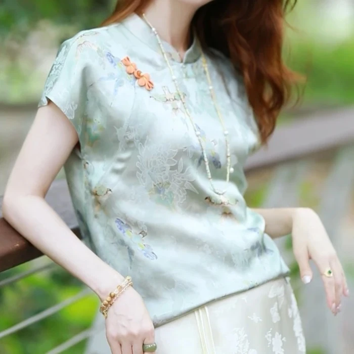 新中式旗袍缎面提花衬衫宽松气质上衣女夏季国风盘扣立领短袖小衫