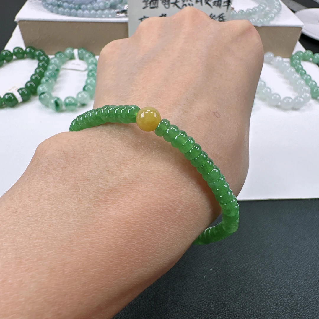 天然A货翡翠卡5.1mm老坑冰种满色翠绿算盘珠单圈女士手串
