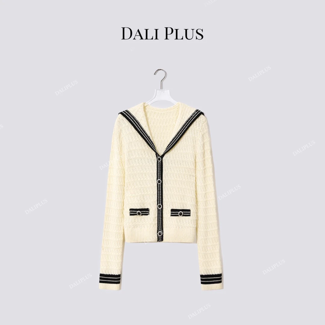 DALI PLUS"黄色海军领针织"撞色开衫针织毛衣-D5BL1144