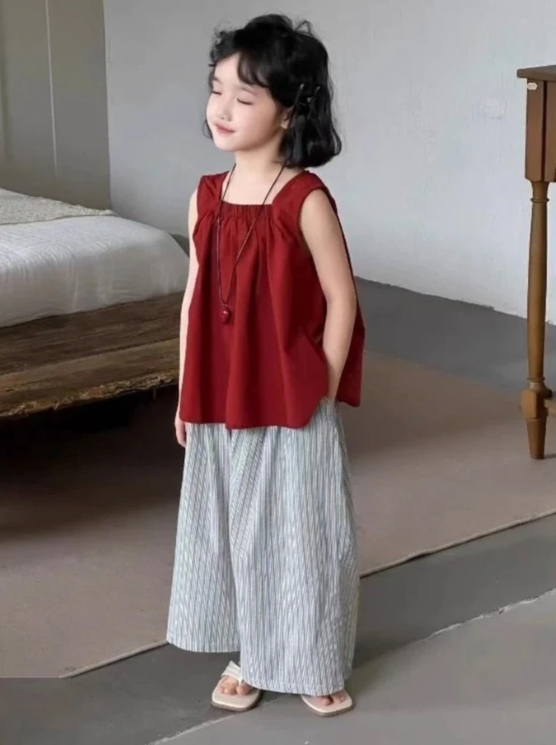 【现货亲子装】2025新款女童夏季两件套装纯色无袖娃娃衫九分裤套装