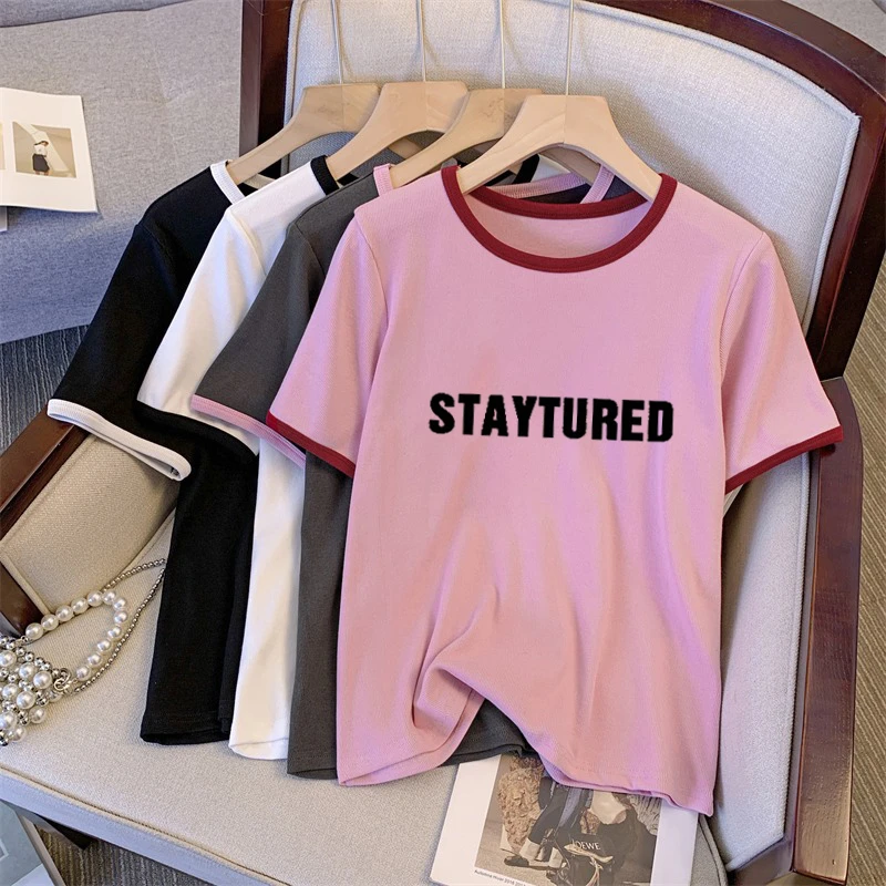 大码韩版正肩字母印花撞色短袖t恤女夏季新款百搭显瘦遮肚上衣ins