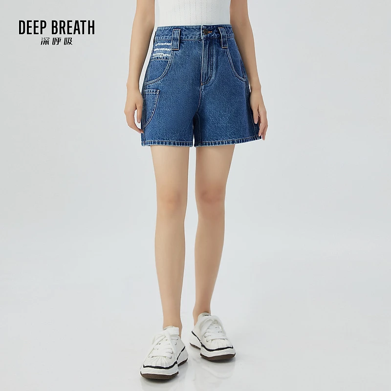 DEEP BREATH深呼吸品质女装高腰直筒口袋工装风牛仔短裤女A100262