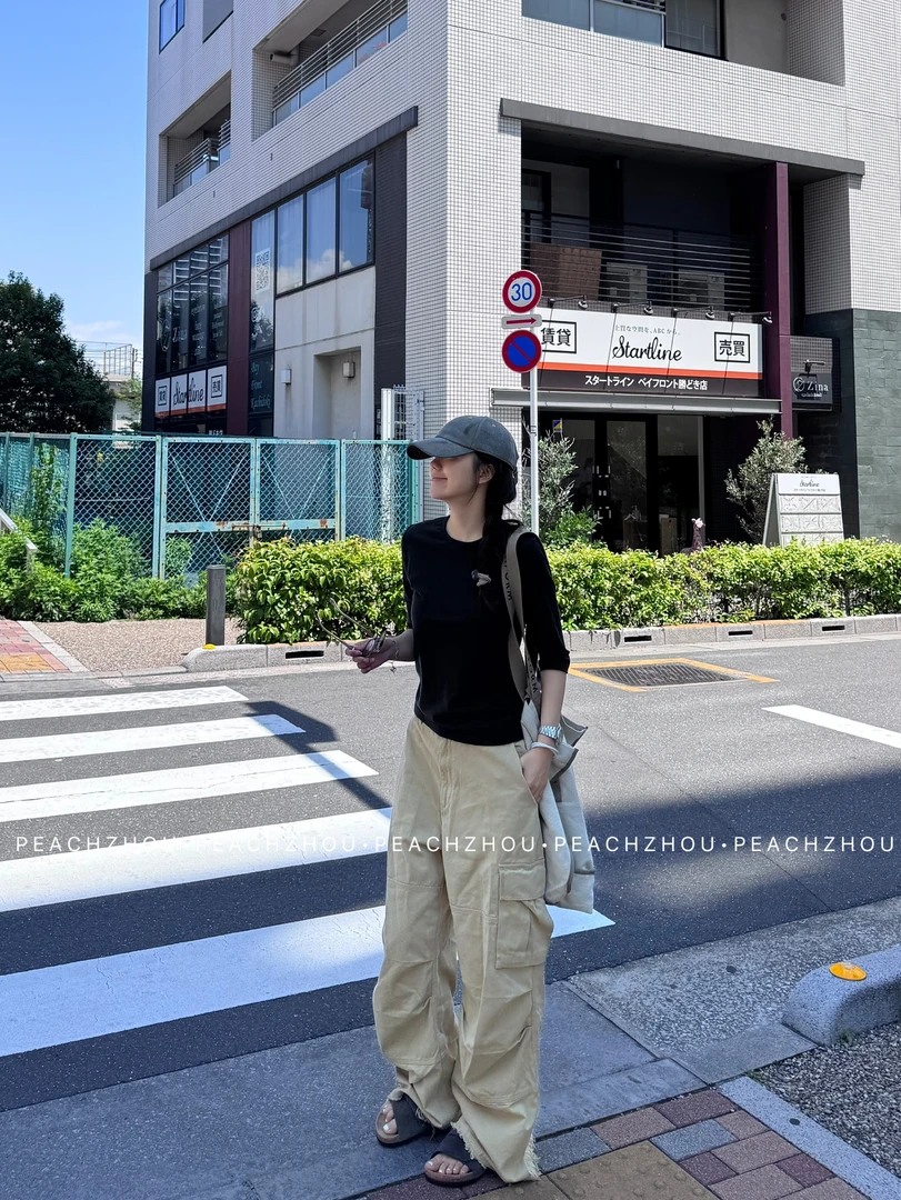 『PEACHZHOU』毛边工装大口袋宽松直筒休闲裤美式复古街头阔腿长裤