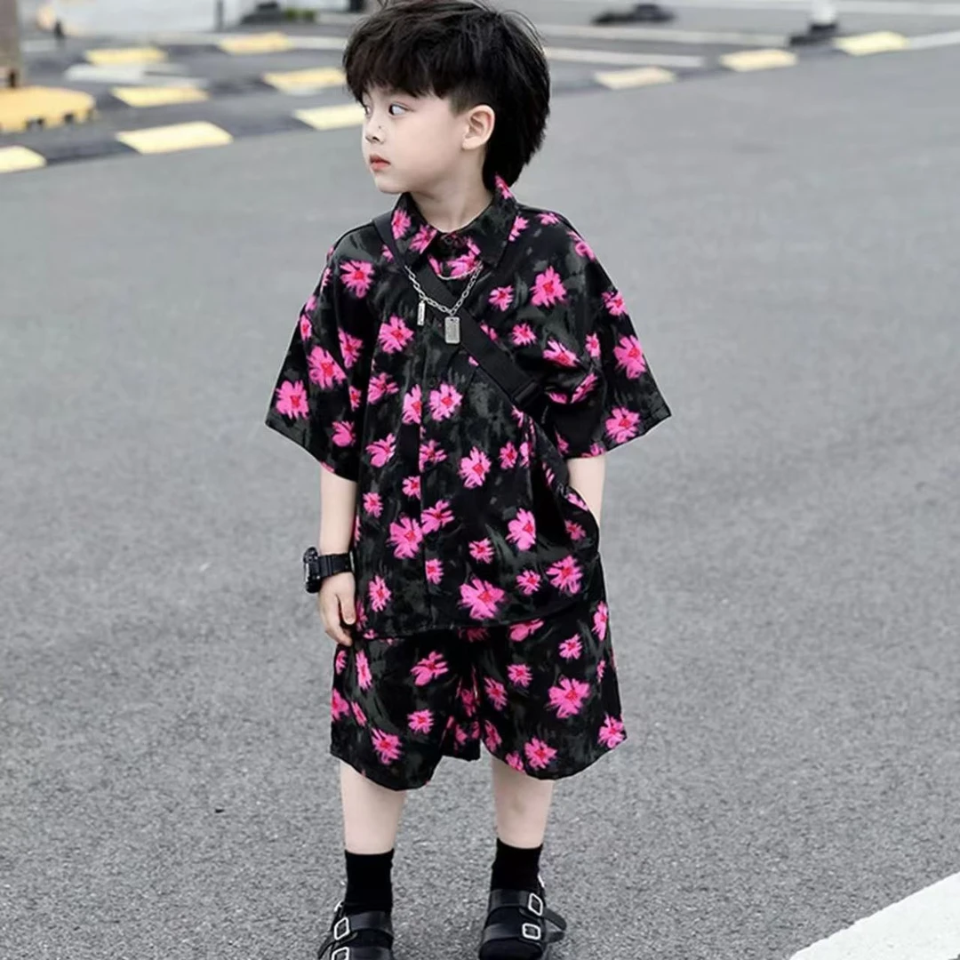 男童痞帅碎花衬衫套装2025夏季新款洋气港风花衬衫度假两件套