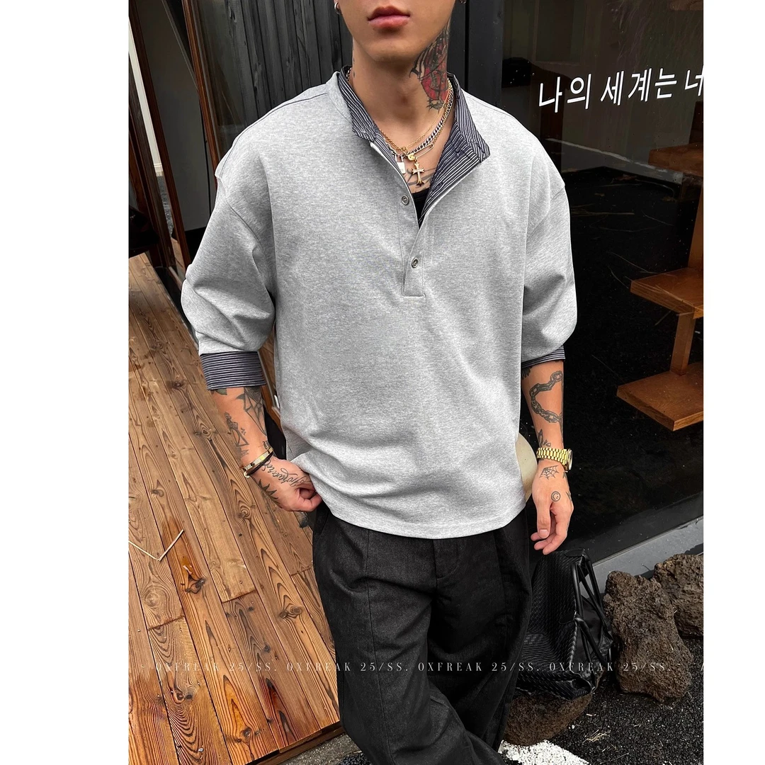 300斤超大码韩系拼接假两件长袖t恤男士秋季老钱风宽松亨利领上衣
