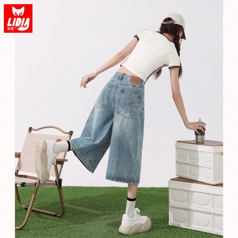 美式浅色七分牛仔裤女夏季2025新薄款高腰显瘦小个子宽松阔腿裤子
