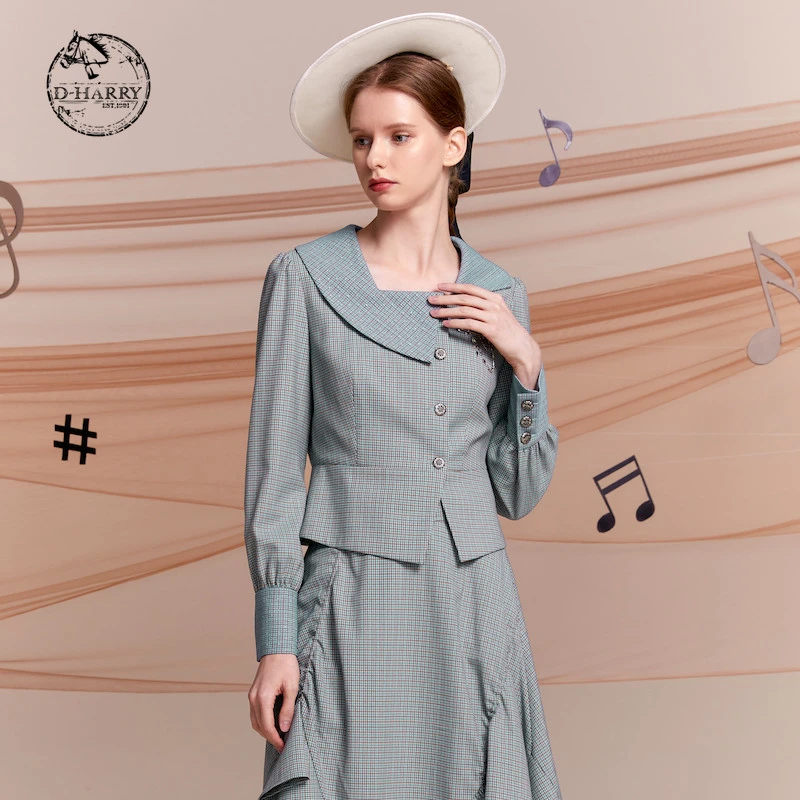 D-HARRY/迪哈利翻领设计格子外套袖口收紧设计上衣DH221A93805D