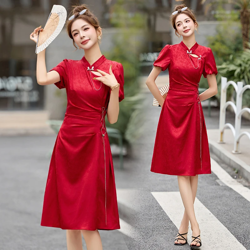新中式国风提花连衣裙女2025年夏季新款高级感复古红色气质旗袍裙