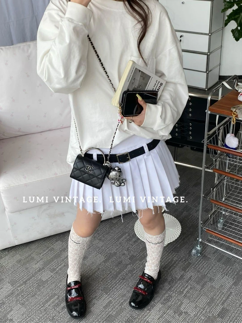 95新 Chanel/香奈儿 24c黑色羊皮珐琅手柄单肩包24498729