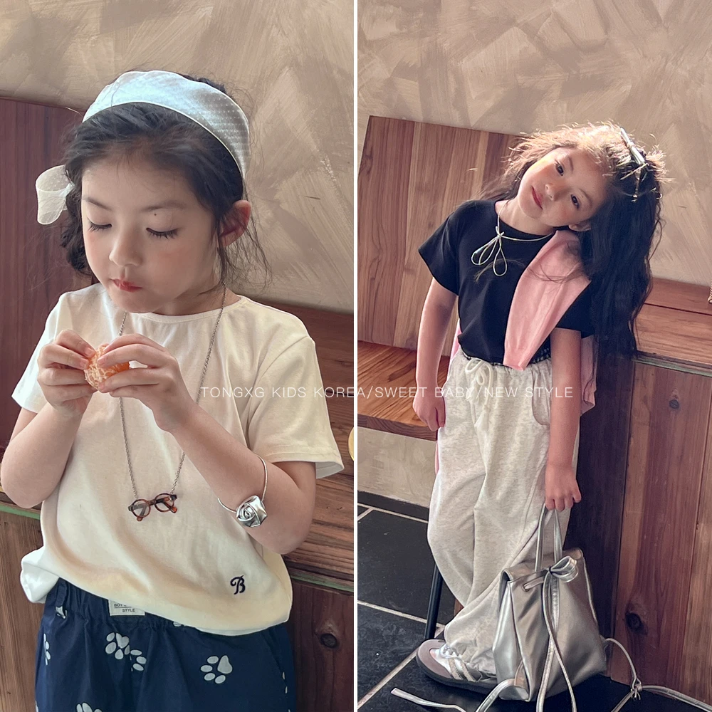 韩国波拉bora25春新款儿童简约纯色休闲宽松短袖刺绣b字t恤ys190