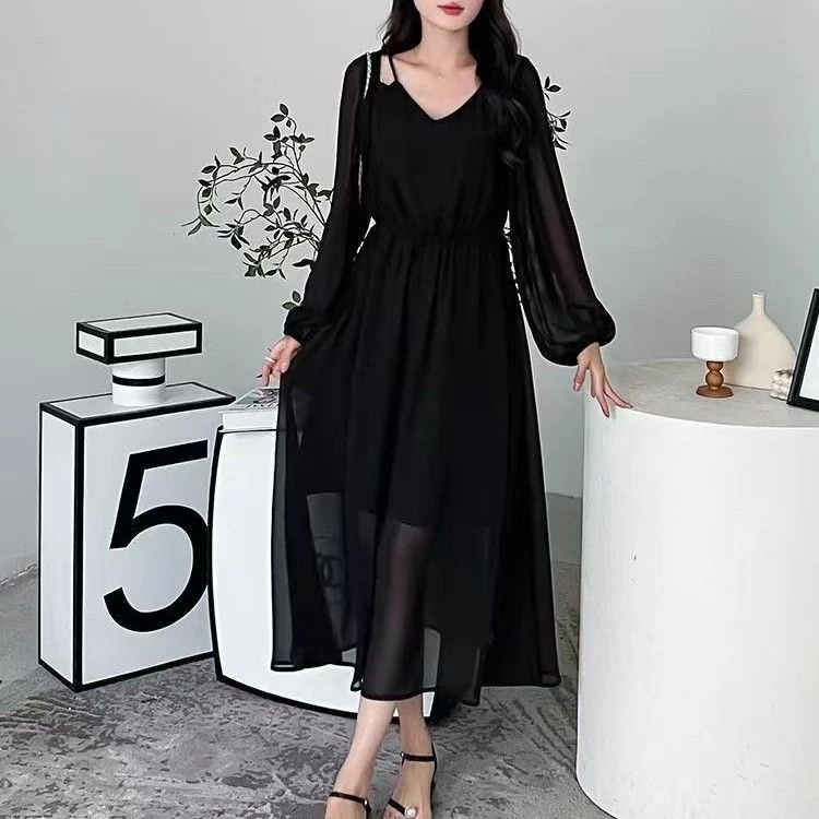 【C809】女装连衣裙大码显瘦气质长袖时尚黑色法式收腰拼接复古