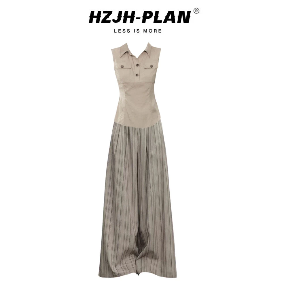 夏季洋气老钱风一整套设计感修身Polo领无袖上衣松弛感条纹休闲裤