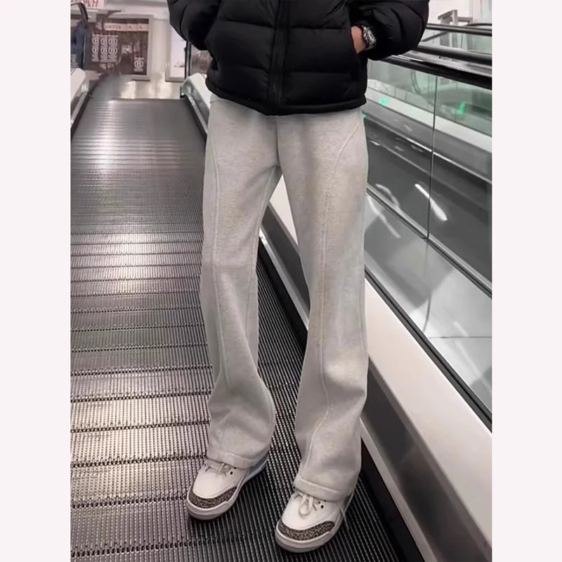 斜切弯刀卫裤男直筒垂感加绒加厚秋冬cleanfit花灰色外穿拖地裤子