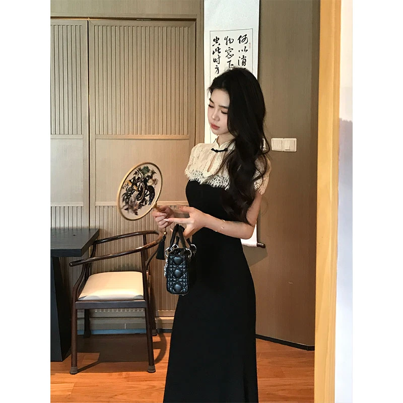 木子李的李【锦绣河山】新中式蕾丝连衣裙针织收腰拼接长裙女LL9599