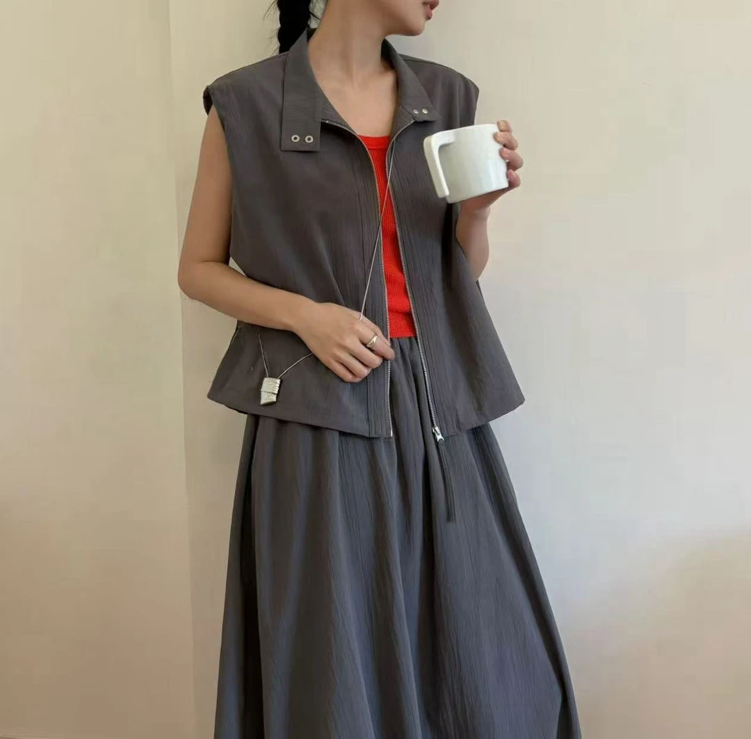 4744号275#立领拉链无袖上衣+弹力腰口袋花苞裙两件套（裙带里衬）