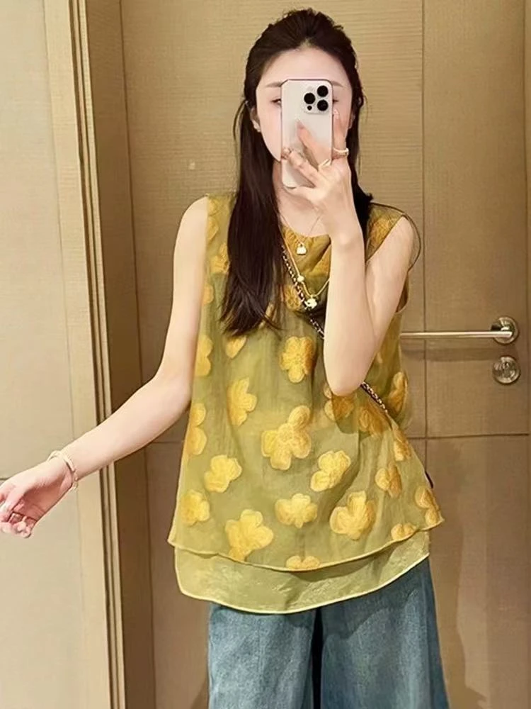 【银杏叶】25886 夏季无袖刺绣花朵后背纽扣圆领上衣宽松