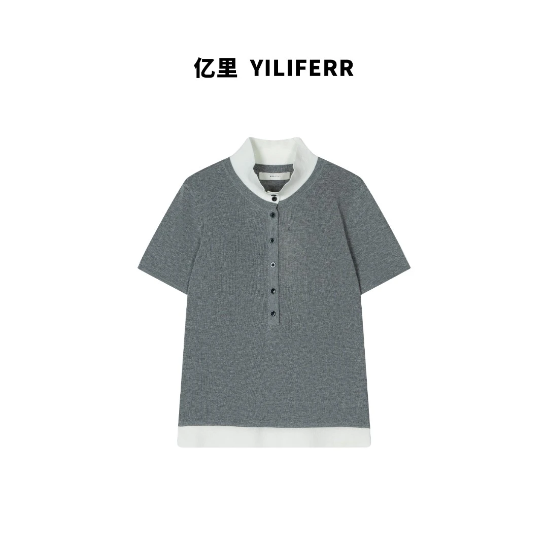 【YILI显瘦女装】时尚亚麻撞色polo领老钱风短袖针织衫 Y0871