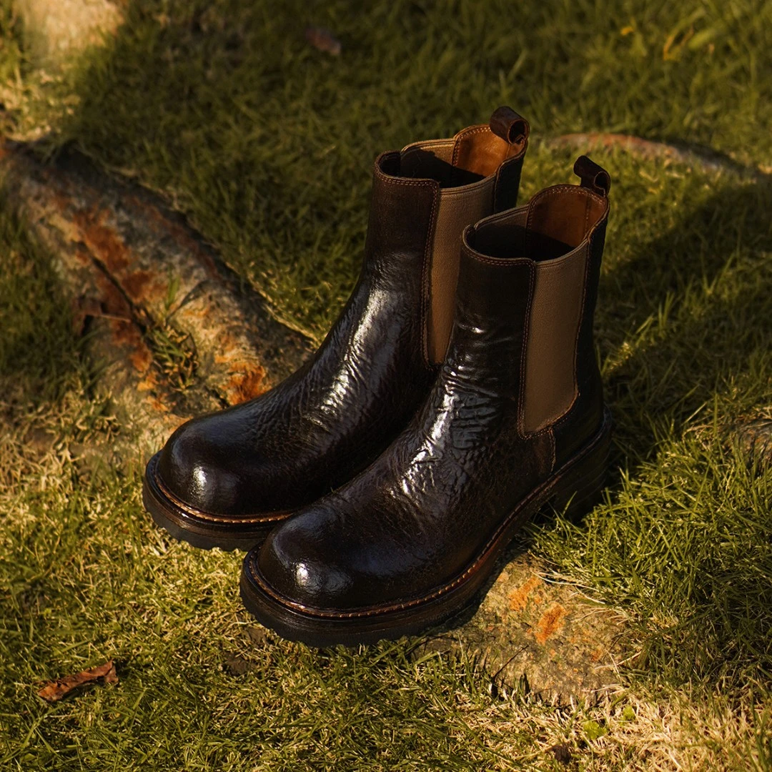 马臀皮秋冬复古缩纹短靴厚底英伦女士真皮粗跟马丁靴厚底烟筒靴