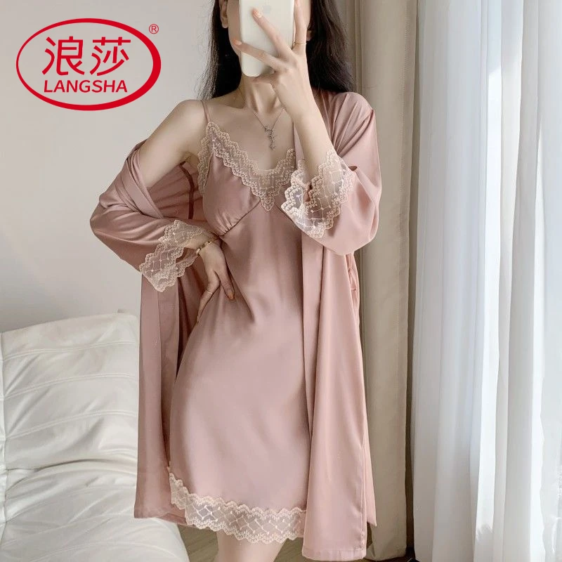 浪莎新款性感女睡衣夏季薄款冰丝吊带胸垫睡裙两件高级感纯色V领