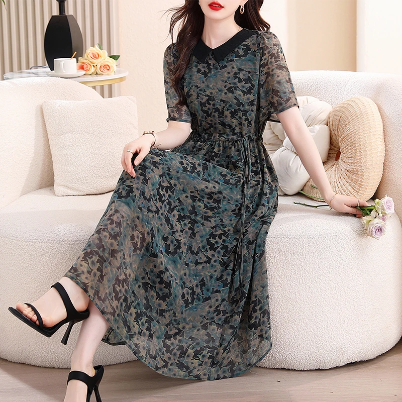 双绉印花拼接减龄复古收腰系带显瘦领高档气质贵妇连衣裙