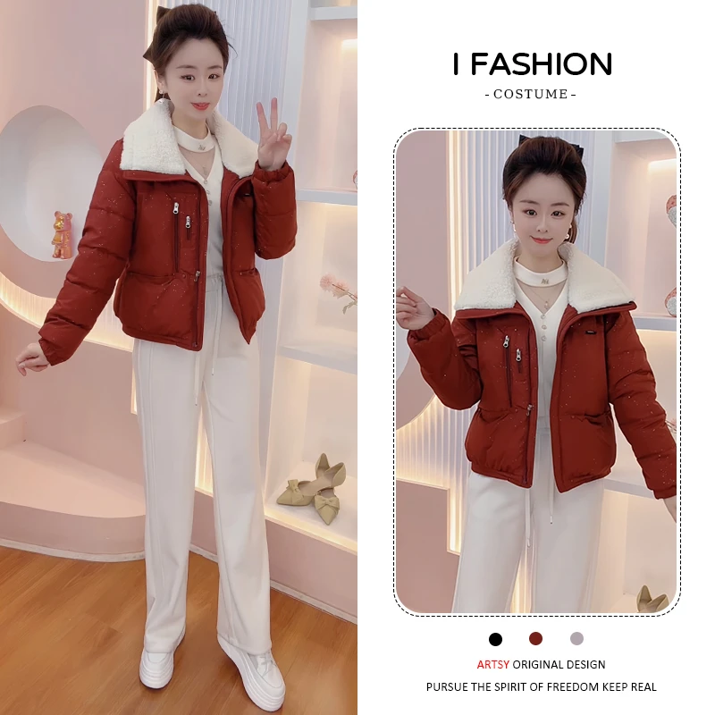 时尚毛领拼接设计感棉服女2025年冬季新款翻领加厚保暖开衫外套潮