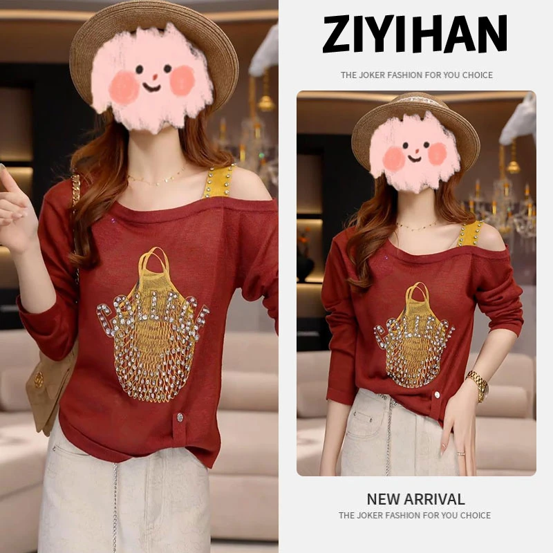 2025春秋季新款设计感小众露肩长袖针织上衣女士时尚印花烫钻T恤