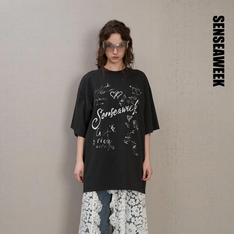 SENSEAWEEK25新品宽松遮肉个性百搭亲肤T恤情书涂鸦磨破短袖