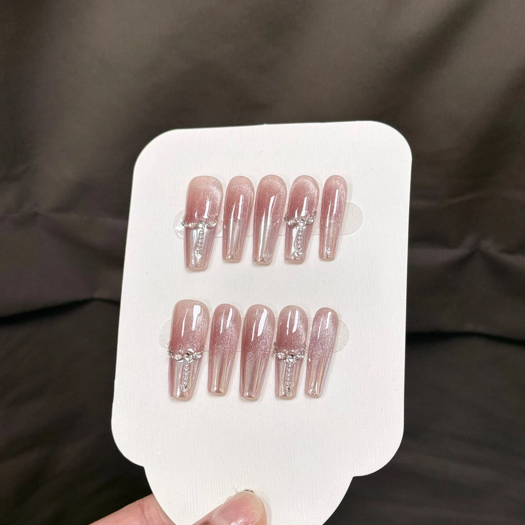 极光粉渐变钢珠拼钻猫眼打底纯手工穿戴甲