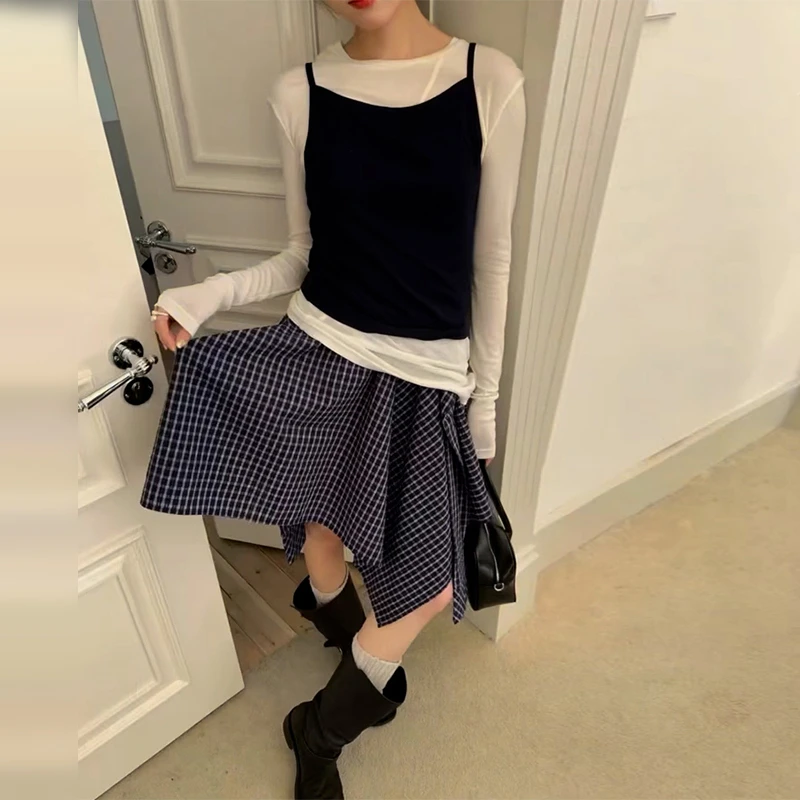 韩系蓝色格纹不规则半身裙女夏季2025新款小个子高腰显瘦a字短裙