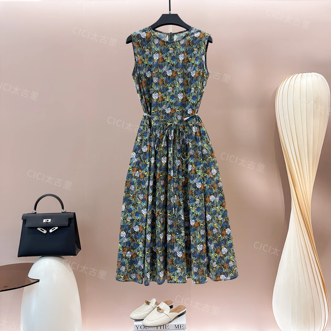 罗曼回溯 复古文艺碎花无袖天 丝棉宽松显瘦气质连衣裙LL-6000336