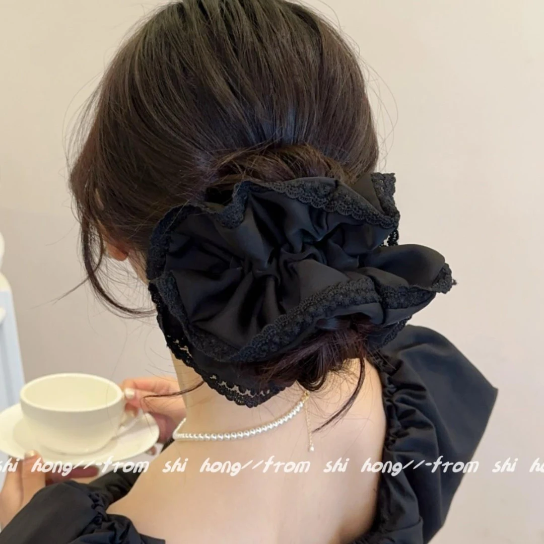 法式气质丸子头发饰女高级感法式缎面蕾丝大肠发圈马尾头绳新款