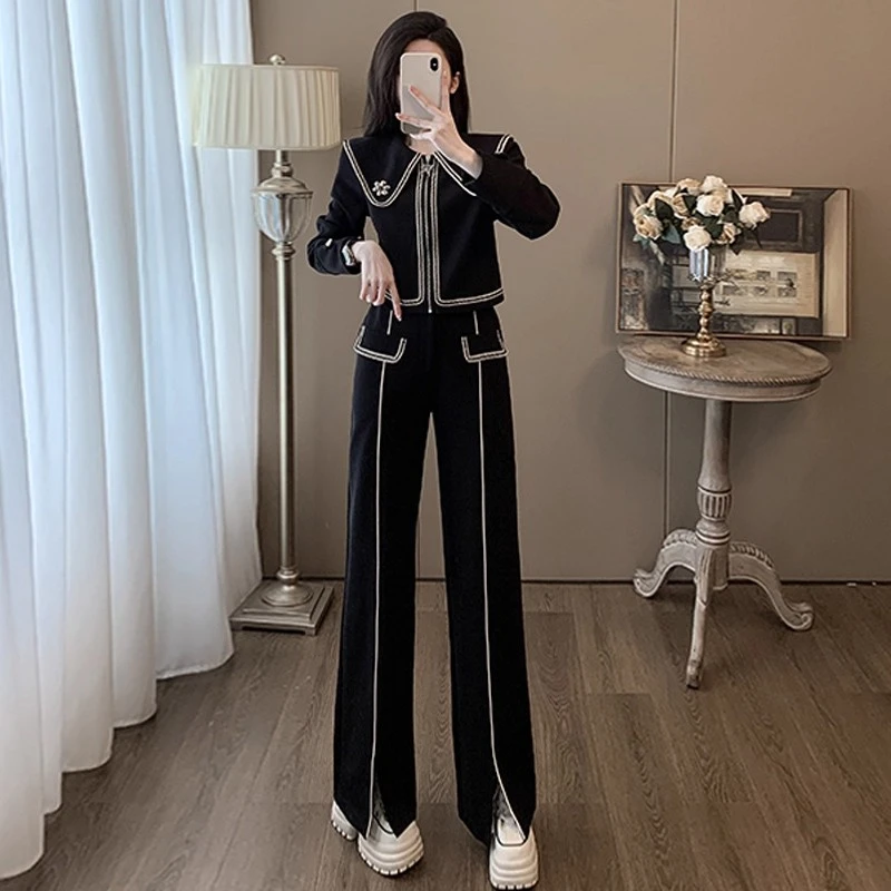 【两件套】【送胸针】套装女春秋装时尚新款阔腿裤两件套D3330