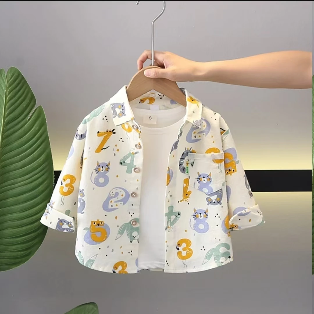 【100%纯棉】2025新款春秋季男童数字印花衬衫韩版清新百搭衬衣长袖